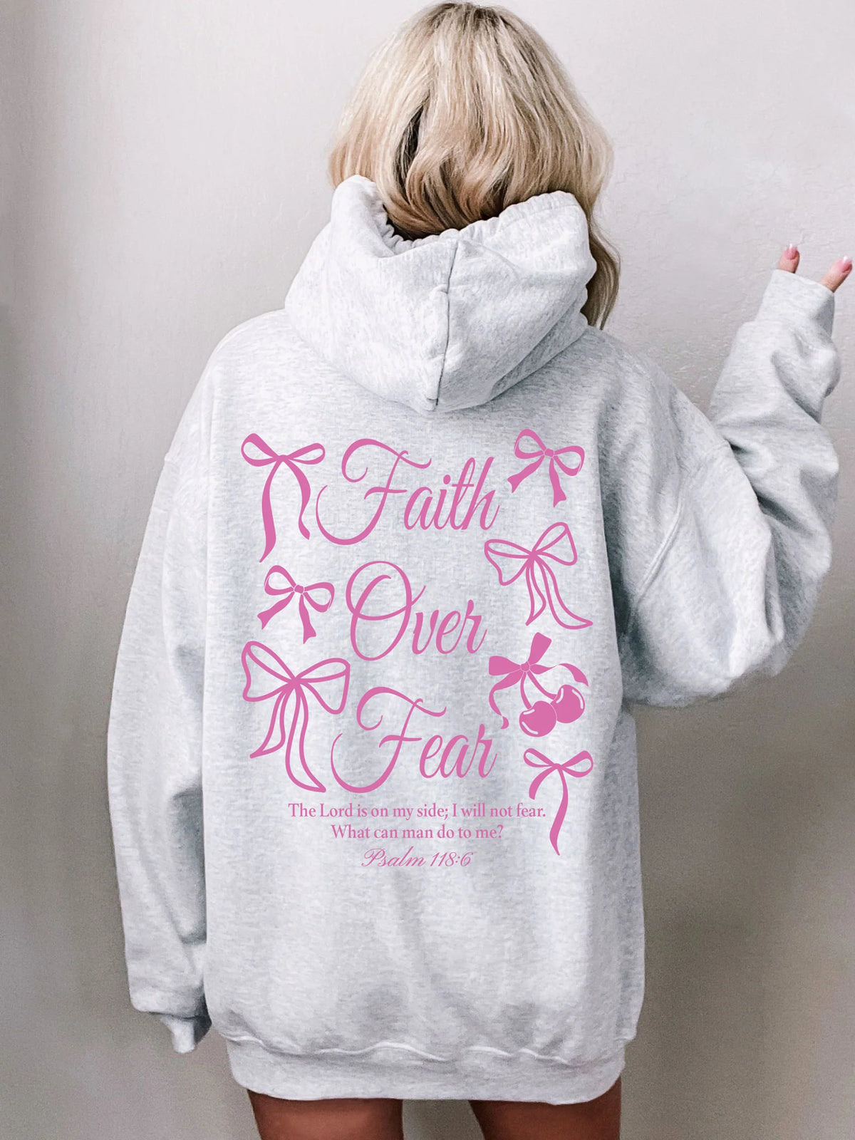 Faith Over Fear Coquette Hoodie with Pink Bows for a Girly Christian Aesthetic