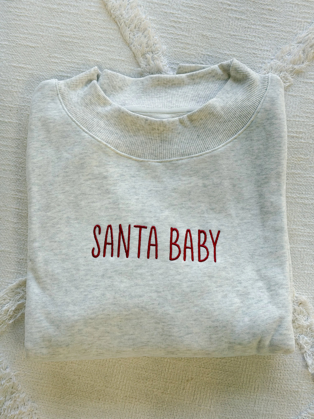 Cozy Pearl Grey Mockneck Sweatshirt with Playful Santa Baby Embroidery