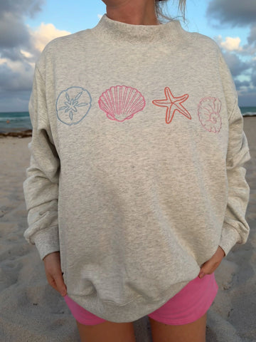 Oversized Seashell Embroidered Sweatshirt in Soft Oat Milk Grey