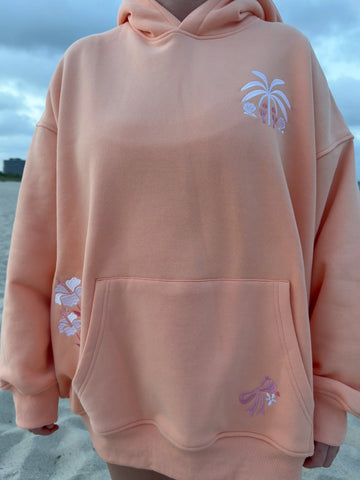 Vibrant Sherbet Orange Hoodie with Tropical Palms Print