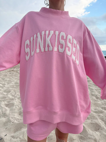 Pink Varsity Sunkissed Embroidered Mockneck Sweatshirt in Cozy 100% Cotton