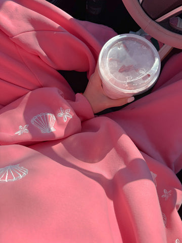 Tropical Embroidered Sweatshirt in Blooming Hibiscus Pink