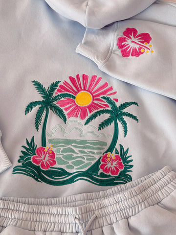 Icy Blue Embroidered Hibiscus Hoodie for Beach Day Style