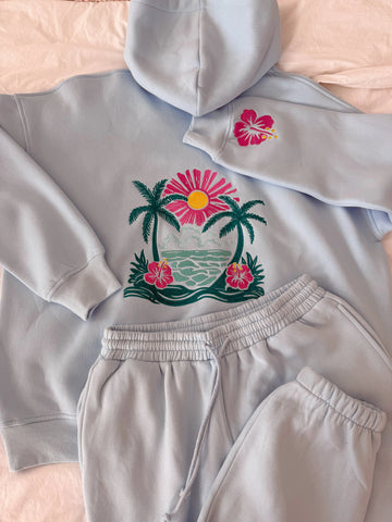 Icy Blue Embroidered Hibiscus Hoodie for Beach Day Style