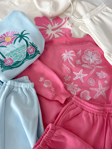 Icy Blue Embroidered Hibiscus Hoodie for Beach Day Style