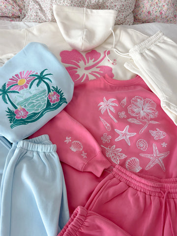 Icy Blue Embroidered Hibiscus Hoodie for Beach Day Style