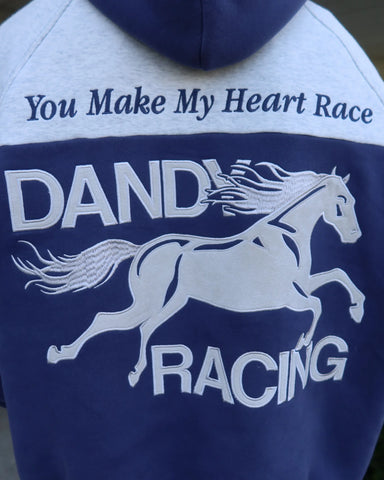 Oversized Blue Hoodie with Racing Heart Patchwork for Effortless Streetwear Style