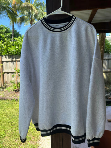 Pearl Grey Crewneck Sweatshirt with Black Preppy Details