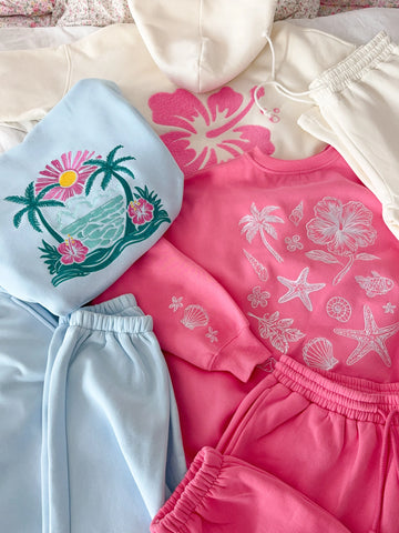 Icy Blue Embroidered Hibiscus Hoodie for Beach Day Style