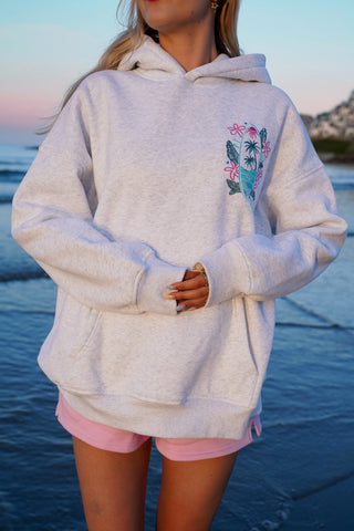 Pearl Grey Embroidered Hoodie with Surf Wave Design for Effortless Street Style