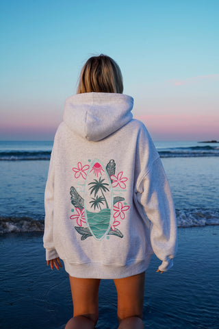 Pearl Grey Embroidered Hoodie with Surf Wave Design for Effortless Street Style