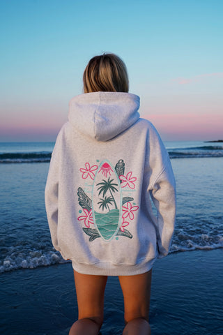 Pearl Grey Embroidered Hoodie with Surf Wave Design for Effortless Street Style