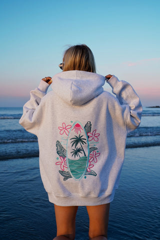 Pearl Grey Embroidered Hoodie with Surf Wave Design for Effortless Street Style