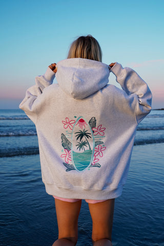Pearl Grey Embroidered Hoodie with Surf Wave Design for Effortless Street Style