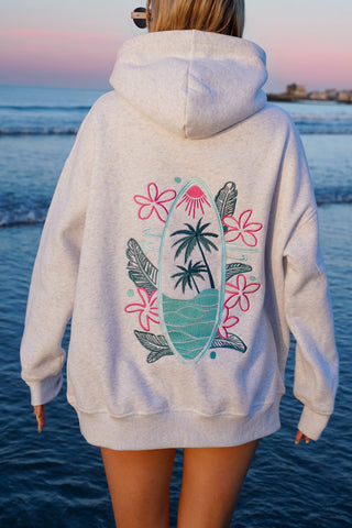 Pearl Grey Embroidered Hoodie with Surf Wave Design for Effortless Street Style
