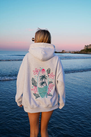 Pearl Grey Embroidered Hoodie with Surf Wave Design for Effortless Street Style