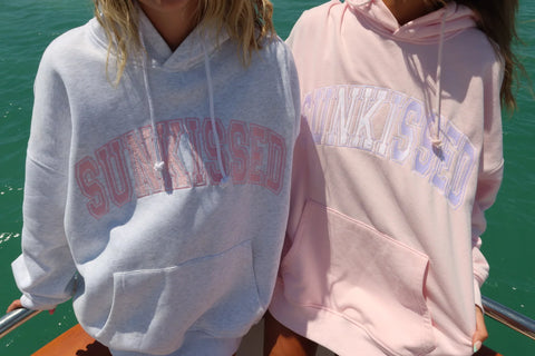 Pearl Grey Embroidered Varsity Hoodie with Pink Stitching