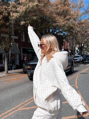 Cozy Ivory Cherry Print Hoodie for Everyday Casual Style