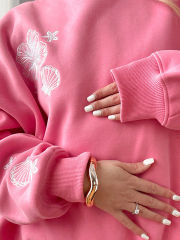 Tropical Embroidered Sweatshirt in Blooming Hibiscus Pink