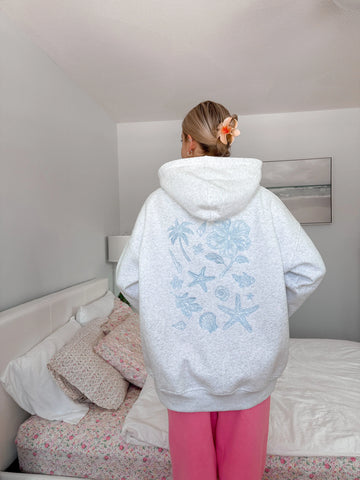 Cozy Pearl Grey Hoodie with Tropical Embroidery for Everyday Relaxed Style