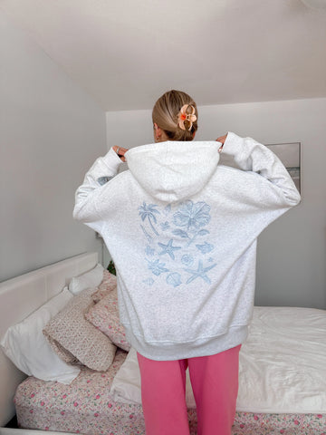 Cozy Pearl Grey Hoodie with Tropical Embroidery for Everyday Relaxed Style