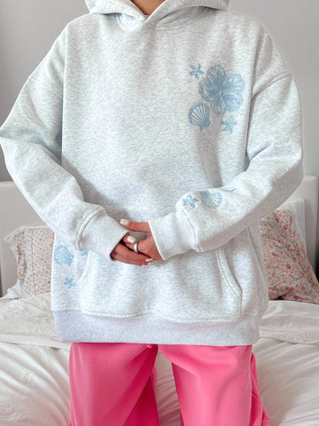 Cozy Pearl Grey Hoodie with Tropical Embroidery for Everyday Relaxed Style