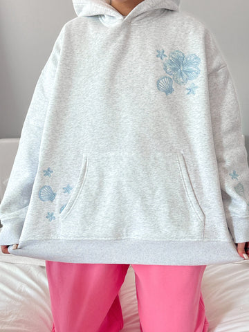 Cozy Pearl Grey Hoodie with Tropical Embroidery for Everyday Relaxed Style