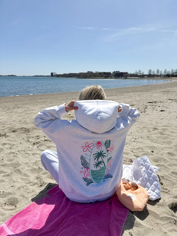Pearl Grey Embroidered Hoodie with Surf Wave Design for Effortless Street Style
