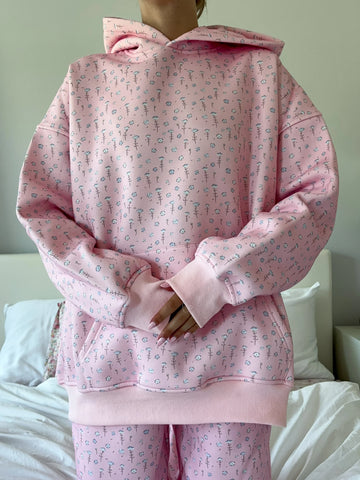 Blush Pink Floral Hoodie with Ditsy Blue Blooms for Cozy Everyday Style