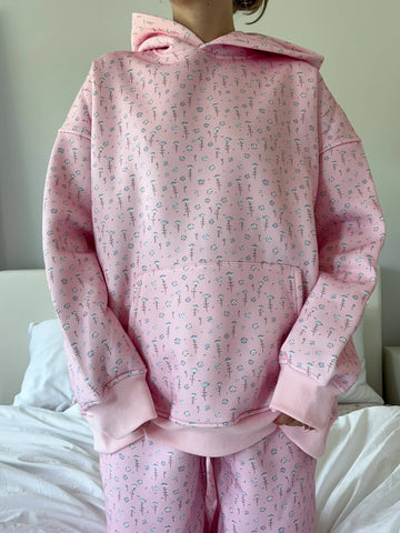 Blush Pink Floral Hoodie with Ditsy Blue Blooms for Cozy Everyday Style