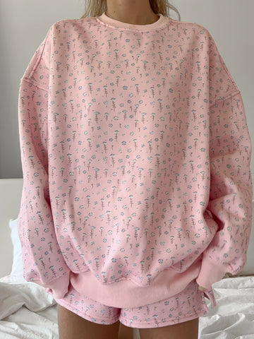 Soft Pink Floral Sweatshirt with Ditsy Blue Blooms for a Sweet and Cozy Look