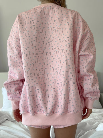 Soft Pink Floral Sweatshirt with Ditsy Blue Blooms for a Sweet and Cozy Look