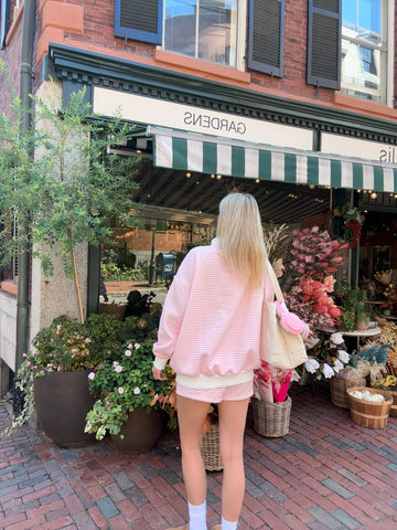 Soft Pink and White Striped Mock Neck Sweatshirt for Effortless Everyday Style