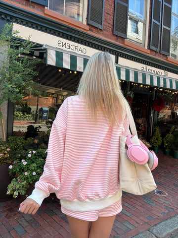 Soft Pink and White Striped Mock Neck Sweatshirt for Effortless Everyday Style