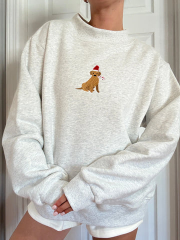 Cozy Pearl Grey Christmas Sweatshirt with Embroidered Santa Dog