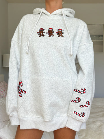 Pearl Grey Cozy Hoodie with Festive Gingerbread Recipe Embroidery