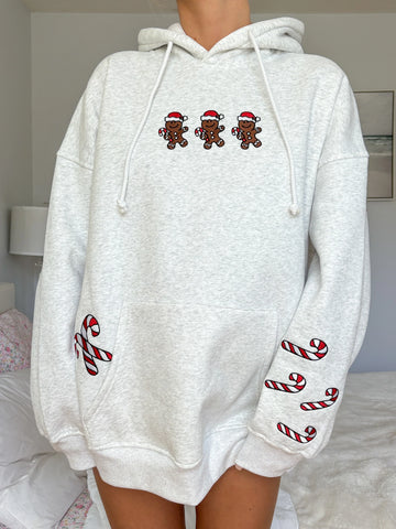 Pearl Grey Cozy Hoodie with Festive Gingerbread Recipe Embroidery