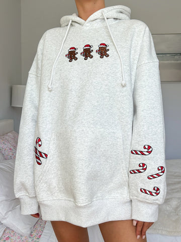 Pearl Grey Cozy Hoodie with Festive Gingerbread Recipe Embroidery