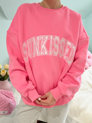 Pink Hibiscus Embroidered Varsity Sweatshirt for Effortless Street Style