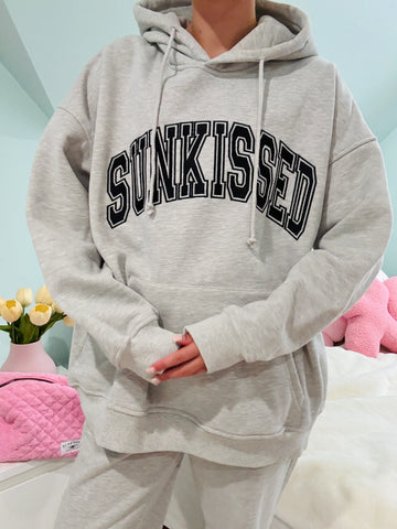 Oversized Grey Varsity Hoodie with Embroidered Sun Motif