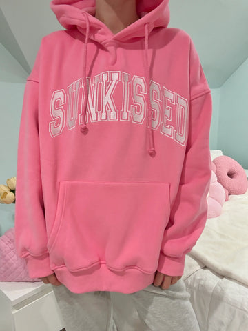Hibiscus Pink Embroidered Varsity Hoodie for Effortless Street Style