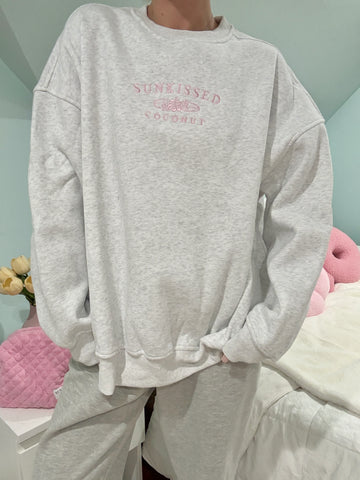 Pearl Grey Embroidered Sweatshirt with Pink Floral Thread