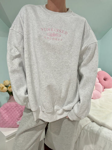 Pearl Grey Embroidered Sweatshirt with Pink Floral Thread
