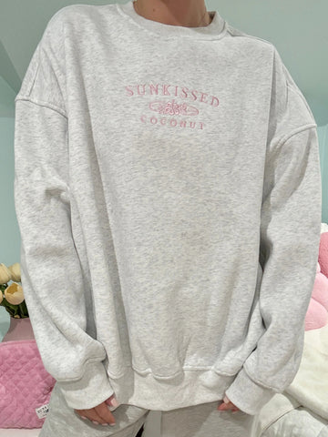 Pearl Grey Embroidered Sweatshirt with Pink Floral Thread