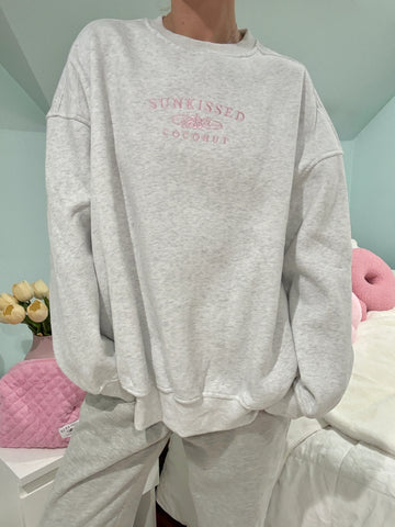 Pearl Grey Embroidered Sweatshirt with Pink Floral Thread