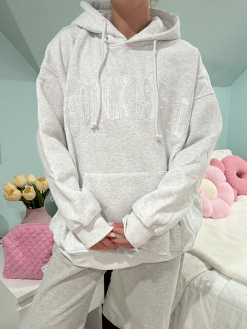 Pearl Grey Varsity Hoodie with White Embroidered Letters - Effortless Everyday Streetwear