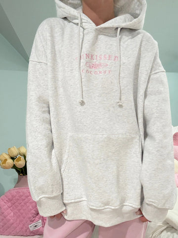 Pearl Grey Hoodie with Pink Embroidered Logo for Cozy Street Style