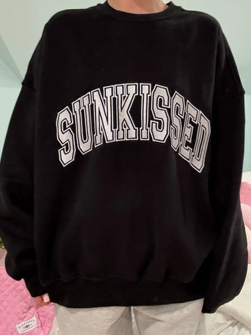 Black Varsity Sweatshirt with Embroidered Sun Design