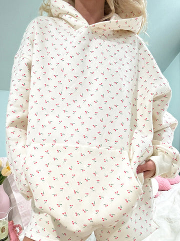 Cozy Ivory Cherry Print Hoodie for Everyday Casual Style