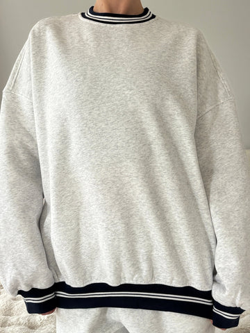 Pearl Grey Crewneck Sweatshirt with Black Preppy Details